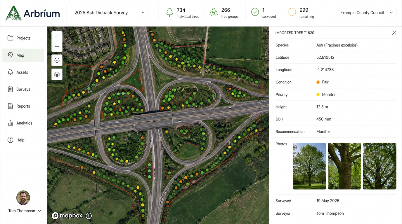 Arbrium project workspace showing an aerial map with survey boundaries and a tree survey panel